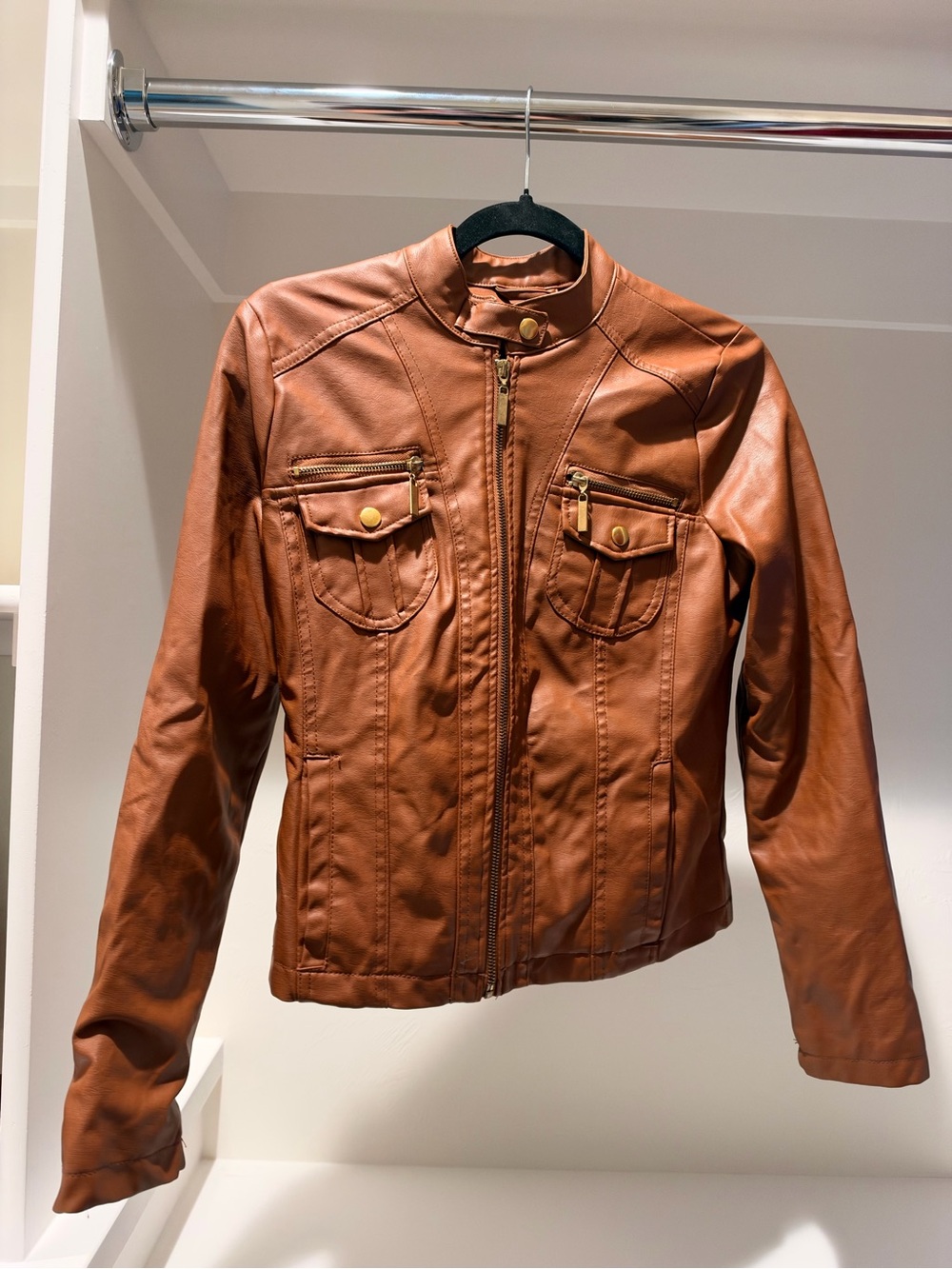 Classic Women's Faux Leather Jacket - Brown